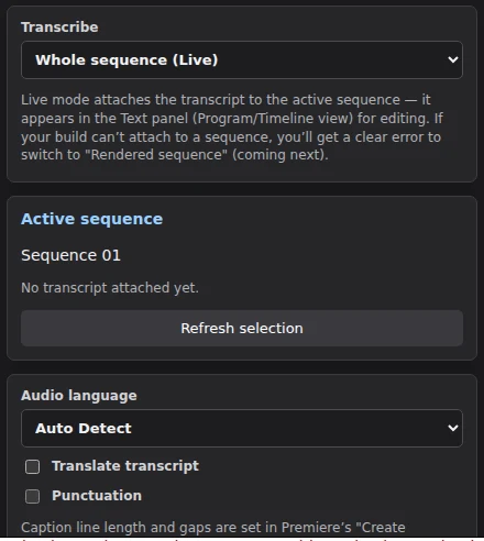 The SmartCaptions panel set to transcribe the whole active sequence