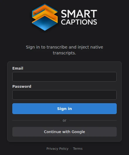 The SmartCaptions panel showing the sign-in form with email, password and Google sign-in