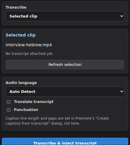 The SmartCaptions panel with a selected clip, an audio-language menu and a transcribe button