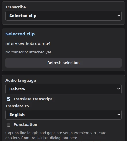 The SmartCaptions panel set to Hebrew audio with translation to English switched on